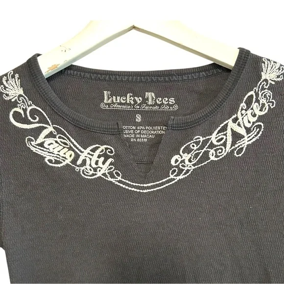 lucky brand S waffle Henley longsleeve tee Y2K embroidered detail wings vintage - Picture 3 of 9